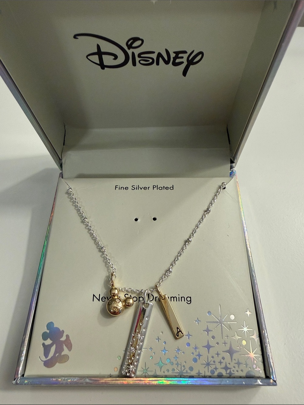 Disney Silver-Plated Necklace with Gold Mickey Charm and Clear Crystal Bar